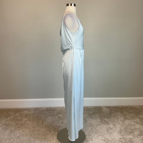 Satin One Shoulder High Low Cocktail Dress Blue Size 12 Thigh Slit Shift by AQUA - Picture 5 of 12